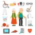 Old couple with senior care products flat icons collection with walker and cane abstract isolated vector illustration